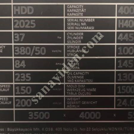 400 TON  AVRUPA STANDARTLARINDA  KULLANICIDAN SATIŞA ÇIKMIŞTIR  0536 709 41 57, Makina