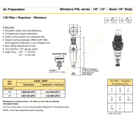 PARKER 14E11B13FC1 FİLTRE REGÜLATÖR 1/4 BSP  125 PSI  TWIST DRAIN, Hidrolik Pnömatik Sistemler Aksam