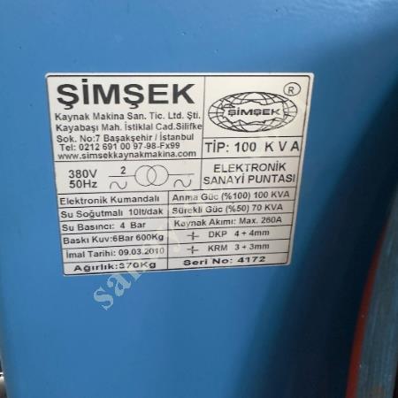 ŞİMŞEK MARKA  100 KVA  SU SOĞUTMALI  PNÖMATİK PEDALLI  PUNTA KAYNAK MAKİNASI 2010 MODEL, İş Makineleri
