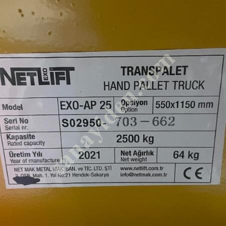 NETLİFT 2500 KG TRANSPALET, Manuel Transpalet