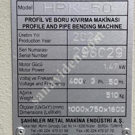 ŞAHİNLER HPK-50 MODEL PROFİL VE  BORU BÜKME MAKİNESİ 2. EL, Makina