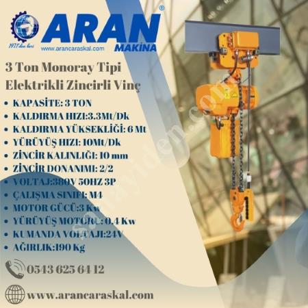 3 TON MONORAY TİPİ ELEKTRİKLİ ZİNCİRLİ VİNÇ, Zincir - Caraskal -  Halat - Makaraları