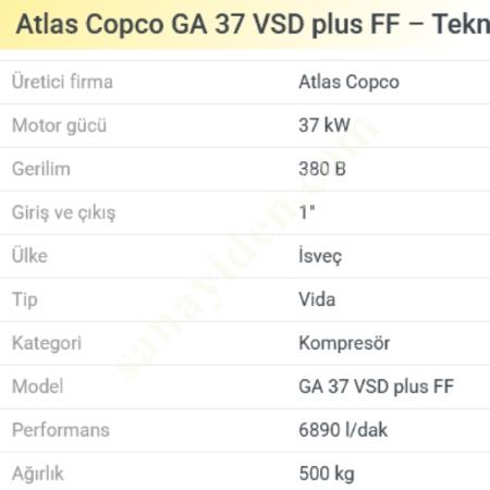 ATLAS COP-CO GA37VSD+FF KOMPRESÖR (YETKİLİ SERVİS BAKIMLI), Vidalı Kompresör