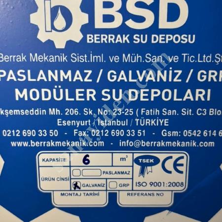 6 TON (6 M³) BERRAK MARKA MODÜLER SU DEPOSU PASLANMAZ + GALVANİZ, Endüstriyel Mutfak