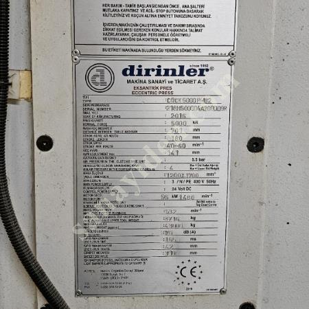 500 TON DİRİNLER MARKA KNUCKLE JOİNT PRES HAT HALİNDE VERİLİYOR ÇALIŞIR DURUMDA, Eksantrik Pres