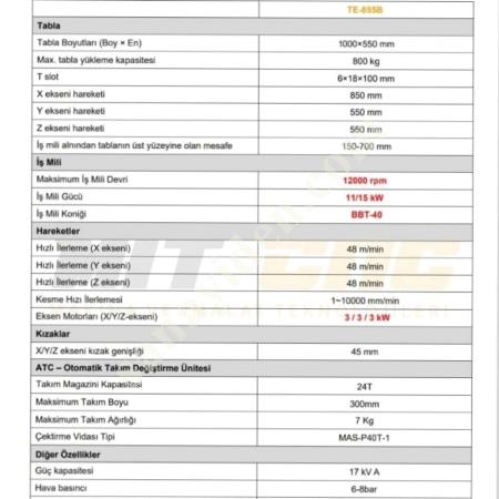 CNC FREZE TE 855 B, Dik İşleme Merkezi