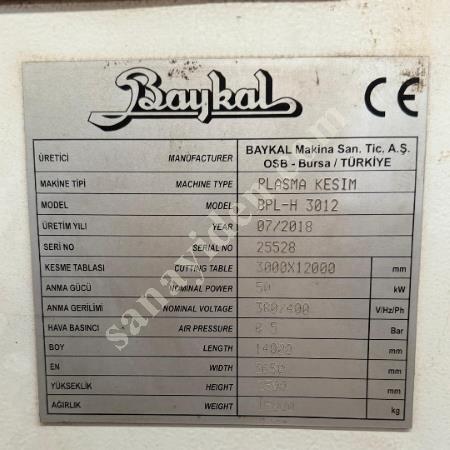 BAYKAL PLAZMA KESİM MAKİNESİ MODEL: BPL-H 3012, Makina