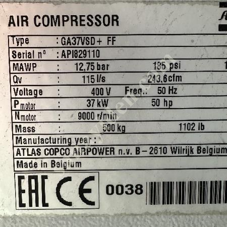 ATLAS COP-CO GA37VSD+FF KOMPRESÖR (YETKİLİ SERVİS BAKIMLI), Vidalı Kompresör