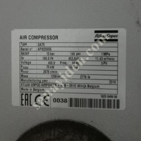 ATLAS COPCO GA 75 VİDALI HAVA KOMPRESÖRÜ, Vidalı Kompresör