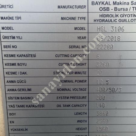 BAYKAL HGL 3106  HİDROLİK GİYOTİN MAKAS 3100X6MM, Makina