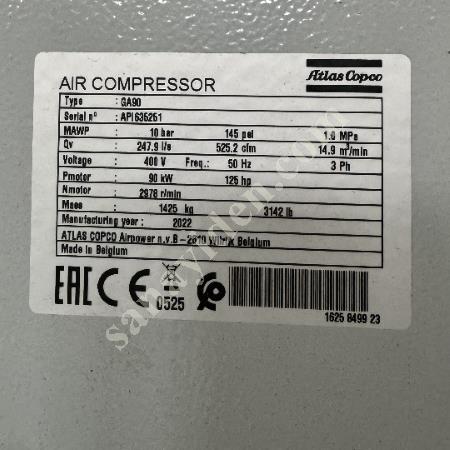 ATLAS COPCO GA90 2022 MODEL LOW OPERATING HOURS, Screw Compressor