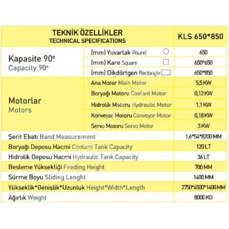 KLS 650X850 KESMAK SERVO SÜRÜCÜLÜ ŞERİT TESTERE, Kesim Ve İşleme Makineleri