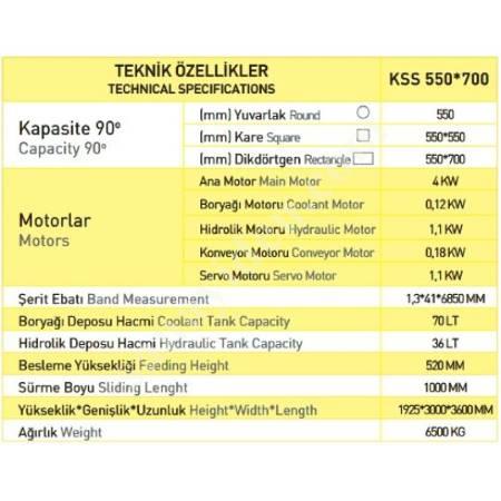 KLS 550X700 KESMAK SERVO SÜRÜCÜLÜ ŞERİT TESTERE, Kesim Ve İşleme Makineleri