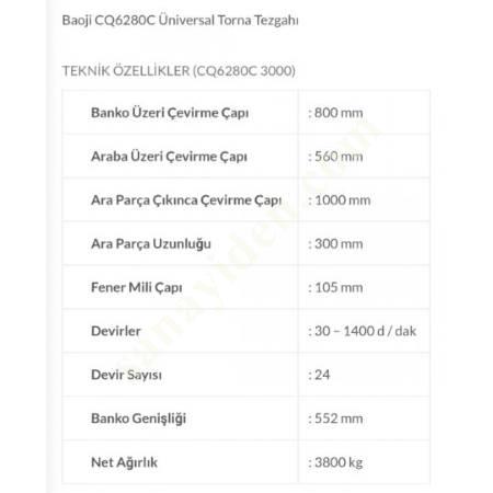 BAOJİ ÜNİVERSAL CQ6280C TORNA TEZGAHI, Üniversal Torna